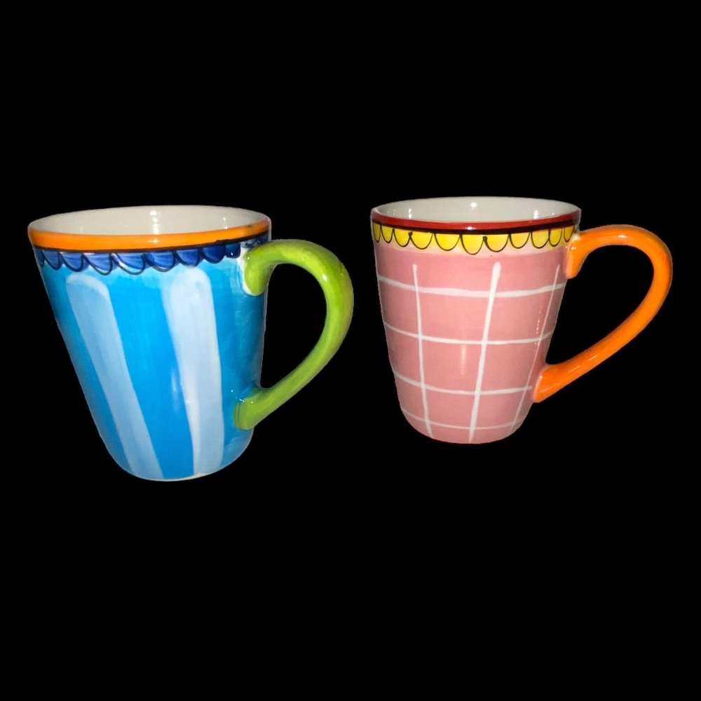 2 Blond Amsterdam Ceramic Mugs Hand Painted Whimsical